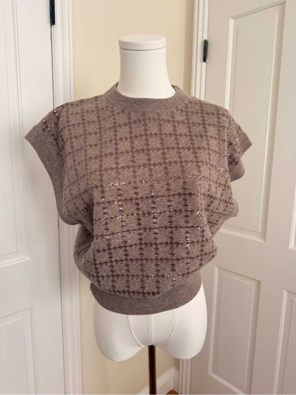 Brunello Cucinelli Taupe Plaid Short-Sleeve Crew Sweater with Sequins
